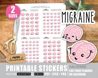 Printable Migraine Anxiety stickers cute hand drawn brain to track headaches and mental health printable brain stickers for your planner