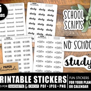 Puede incluir: Pegatinas imprimibles para planificadores y calendarios. Las pegatinas presentan palabras y frases con temática escolar como "tarea", "estudiar", "no hay escuela", "día de enfermedad", "examen", "guiones escolares" y "estudiar".