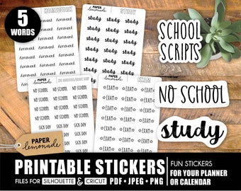 School script PRINTABLE stickers for your planner including: study, exam, homework, no school, and sick day