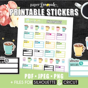 May include: Printable stickers featuring a hot chocolate mug design with a variety of colors. The stickers are labeled "Interview" and include space for writing "Name & Info". The image also includes text that says "PDF, JPEG, PNG + Files for Silhouette & Cricut".
