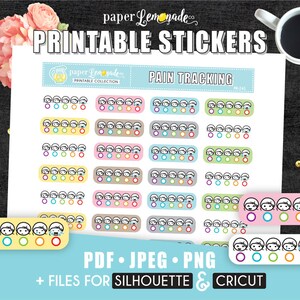 Puede incluir: Pegatinas imprimibles con el texto "PAIN TRACKING" que presentan ilustraciones coloridas de caras con diversas expresiones. Las pegatinas están diseñadas para su uso con máquinas Silhouette y Cricut. La imagen también incluye el texto "PDF • JPEG • PNG".