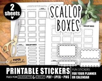 Printable Black and White Scallop boxes for planner essentials functional planner stickers 2 sheets several styles neutral black white BW