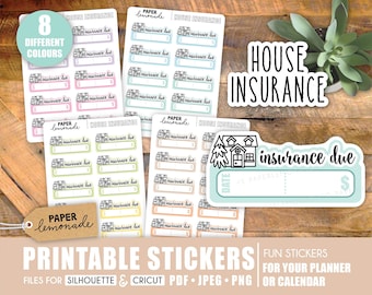 May include: Printable stickers for a planner or calendar. The stickers are in various colors and feature a house with a tree and the text "House Insurance" and "Insurance Due".
