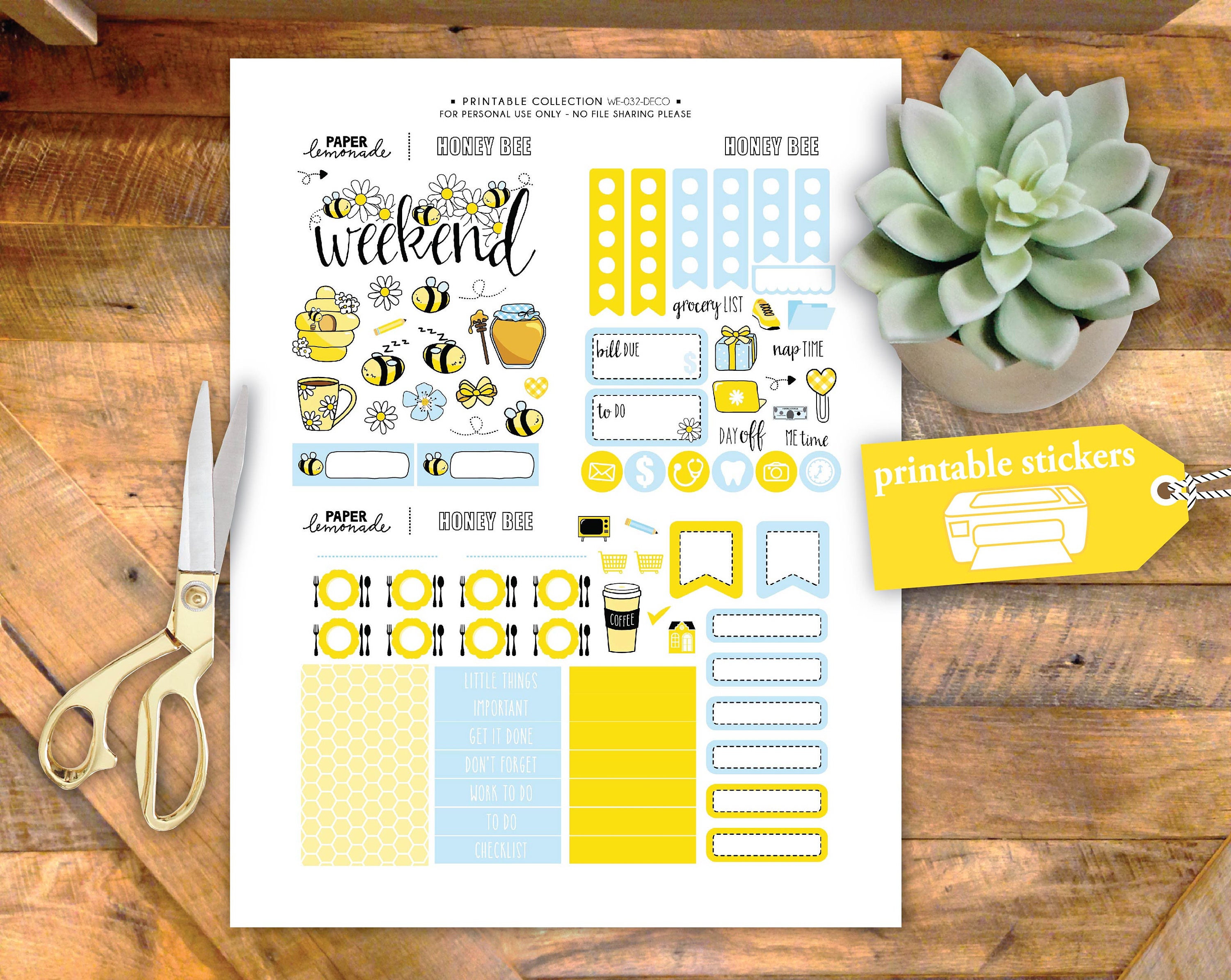 Printable Honey Bee Weekly Sticker Kit for Happy Planner Classic ...