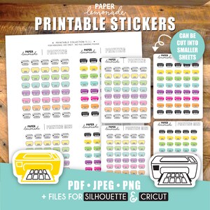 K&ouml;nnte beinhalten: Druckbare Aufkleberb&ouml;gen mit einem Druckerdesign in verschiedenen Farben. Die B&ouml;gen sind mit "Paper Lemonade" und "Printing Mini" beschriftet. Der Text "PDF, JPEG, PNG + Dateien f&uuml;r Silhouette & Cricut" ist ebenfalls enthalten.