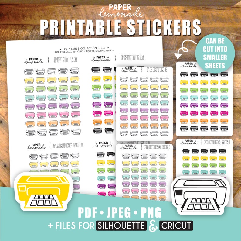 K&ouml;nnte beinhalten: Druckbare Aufkleberb&ouml;gen mit einem Druckerdesign in verschiedenen Farben. Die B&ouml;gen sind mit "Paper Lemonade" und "Printing Mini" beschriftet. Der Text "PDF, JPEG, PNG + Dateien f&uuml;r Silhouette & Cricut" ist ebenfalls enthalten.