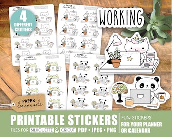 May include: Printable stickers featuring four different animals working at a desk with a laptop, coffee cup, and plant. The animals include a cat, a frog, a panda, and a unicorn. The stickers are labeled "Paper Lemonade" and "Working".