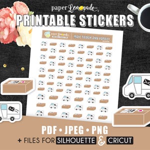 May include: Printable stickers featuring a mail truck and parcel design. The sheet includes 81 stickers in total. The stickers are white and brown with a blue accent. The text on the sheet reads "Mail Truck and Parcel".