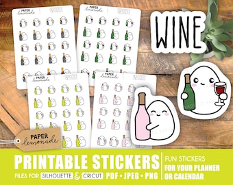 May include: Printable stickers featuring cute ghost illustrations with wine bottles and glasses. The stickers are designed for planners and calendars. The text "WINE" is featured on a separate sticker.