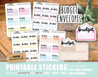 May include: Printable stickers for a budget planner or calendar. The stickers feature envelopes with the word "budget" written on them in black. The stickers are in various colors, including pink, blue, yellow, and green.