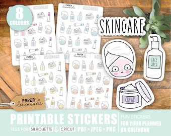 May include: Printable stickers for planners and calendars featuring a skincare theme. The stickers are in various colors and include images of skincare products, a face mask, and the text "SKINCARE".