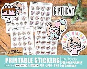Birthday character girl printable stickers birthday cake cute celebration stickers