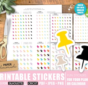May include: Printable push pin stickers in 16 colors. The stickers are designed to be cut into smaller sheets for use in planners or calendars. The image shows a variety of colors, including red, orange, yellow, green, blue, purple, pink, and brown.