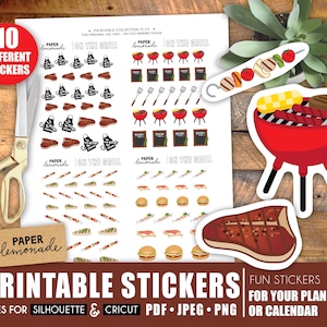 May include: Printable stickers for planners and calendars featuring a variety of summer barbecue themes, including a grill, skewers, burgers, and steaks. The stickers are designed in a colorful cartoon style with red, black, white, and green accents. The text "Paper Lemonade" and "On the Grill" is featured on the stickers.