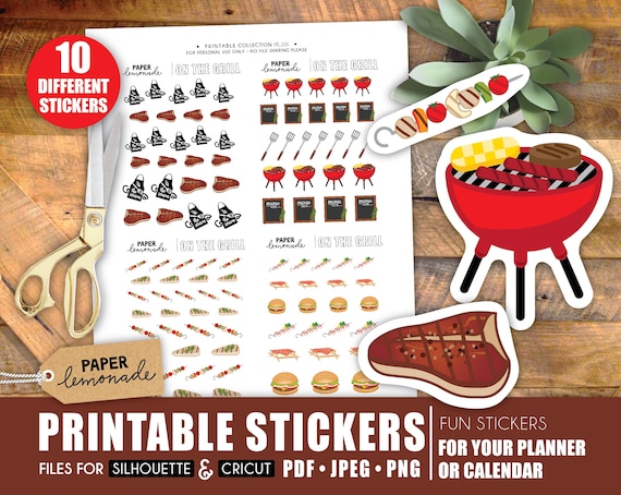 BBQ printable stickers grilling steak and chicken brochette backyard gatherings with steak stickers and chicken breast stickers and shrimp
