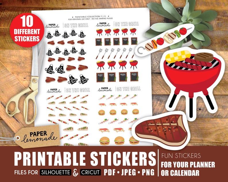 May include: Printable stickers for planners and calendars featuring a variety of summer barbecue themes, including a grill, skewers, burgers, and steaks. The stickers are designed in a colorful cartoon style with red, black, white, and green accents. The text "Paper Lemonade" and "On the Grill" is featured on the stickers.