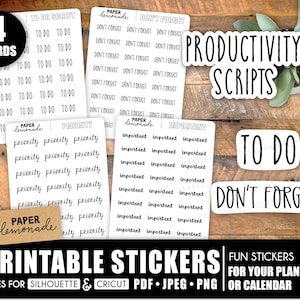 May include: Printable stickers for planners and calendars. The stickers feature black text on white backgrounds with phrases like "To Do", "Don't Forget", "Priority", and "Important".