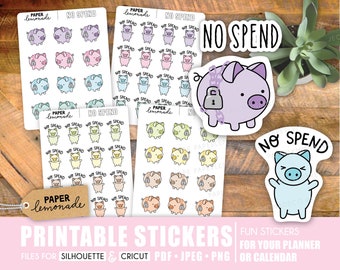 May include: Printable stickers featuring cute pig illustrations with the text "No Spend" in various colors. The stickers are perfect for planners and calendars.