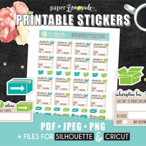 May include: Printable stickers for subscription boxes. The stickers are brown, green, and teal with a box design. The text on the stickers says "subscription box" and "last day to update/billing".