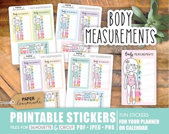 May include: Printable stickers for planners and calendars featuring a cartoon girl with a measuring tape and the text "Body Measurements". The stickers are in a variety of colors and have a cute, whimsical design.