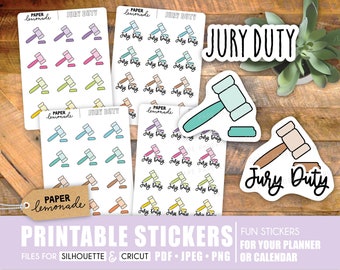 May include: Printable stickers featuring a gavel and the text "Jury Duty". The stickers are in various colors and sizes, including a large sticker with a gavel and the text "Jury Duty" in a bold font.