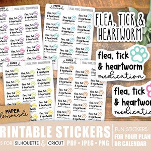 May include: A collection of printable stickers with the text "Flea, Tick & Heartworm medication" and paw prints. The stickers are designed for planners and calendars. The image also includes the Paper Lemonade logo.