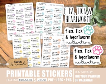 May include: A collection of printable stickers with the text "Flea, Tick & Heartworm medication" and paw prints. The stickers are designed for planners and calendars. The image also includes the Paper Lemonade logo.