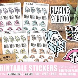 May include: Printable stickers featuring a ghost reading in a chair, a stack of books, and a ghost reading under a blanket. The stickers are designed with a cute, cartoon style and are perfect for planners and calendars. The text "Reading Schmoo" is featured on one of the stickers.