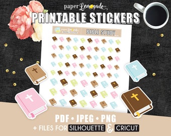 May include: Printable Bible Study stickers featuring a variety of colorful bible icons. The stickers are designed for use with Silhouette and Cricut cutting machines. The image includes the text "PDF. JPEG. PNG + FILES FOR SILHOUETTE & CRICUT".