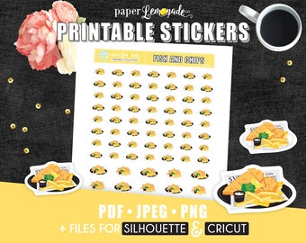 Printable Stickers Fish and Chips Stickers Pub Food Printable stickers Fish and fries stickers fish on newspaper for kikki k filofax PR-206