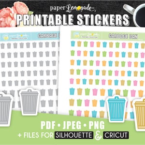 May include: Printable stickers featuring a variety of colorful garbage can icons. The stickers are available in PDF, JPEG, and PNG formats, and are compatible with Silhouette and Cricut cutting machines. The text "paper Lemonade" and "GARBAGE CAN" is visible on the image.