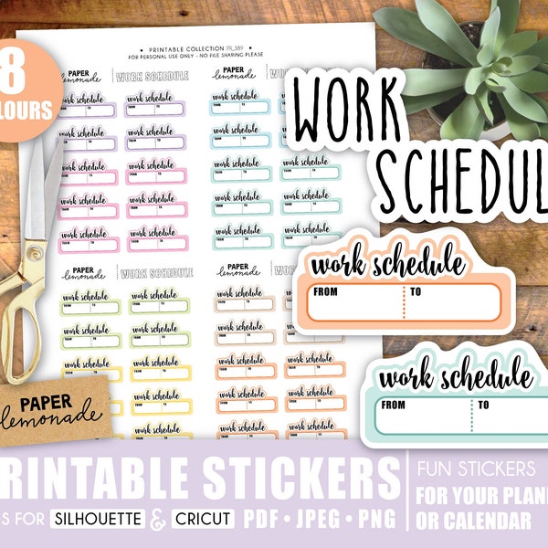 Work schedule printable stickers for your planner or calendar in 8 colours to help plan your work week day or night shift