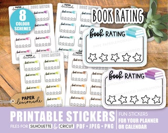 May include: A collection of printable stickers with a book rating theme. The stickers feature a box with stars for rating books, with the words "Book Rating" and "Paper Lemonade" on them. The stickers come in 8 color schemes and are designed for planners and calendars.