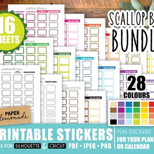 MEGA BUNDLE!! Printable Scallop boxes 28 colours 16 sheets planner essentials functional planner stickers includes neutral stickers