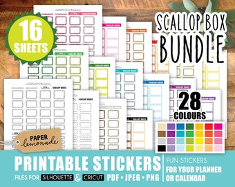 MEGA BUNDLE!! Printable Scallop boxes 28 colours 16 sheets planner essentials functional planner stickers includes neutral stickers