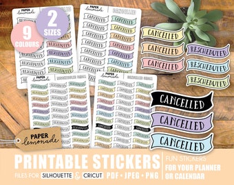 Printable cancelled rescheduled banner stickers for your planner or calendar in pastel colours