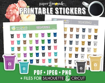 Printable recycling planner stickers to mark recycling day in your planner or calendar. Don't miss recycling day with these reminders PR-112