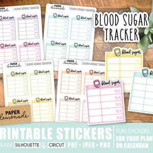 May include: Printable stickers for a blood sugar tracker. The stickers are in various colors and feature a cartoon blood sugar meter with the text "blood sugar". The stickers are labeled "Paper Lemonade" and are designed for use in planners or calendars.