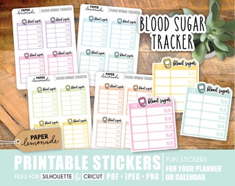 May include: Printable stickers for a blood sugar tracker. The stickers are in various colors and feature a cartoon blood sugar meter with the text "blood sugar". The stickers are labeled "Paper Lemonade" and are designed for use in planners or calendars.