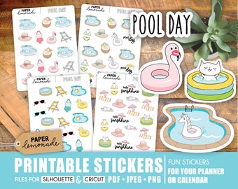 May include: Printable stickers featuring a pool day theme. The stickers include images of pool floats, sunglasses, pool toys, and more. The stickers are perfect for adding a touch of summer fun to your planner or calendar.