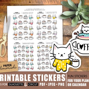 Coffee printable stickers for your planner cat drinking coffee need caffeine kitty floating in coffee with donut doughnut cup of coffee mug