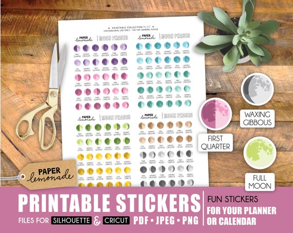 Moon phases with names printable planner stickers Northern AND Southern hemispheres gibbous full moon waning crescent printable moon sticker