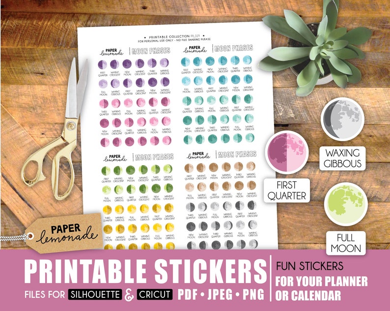 May include: Printable stickers featuring various moon phases in different watercolor designs. The stickers are labeled with the names of each moon phase, such as "New Moon", "Waxing Crescent", "First Quarter", and "Full Moon". The stickers are perfect for planners and calendars.