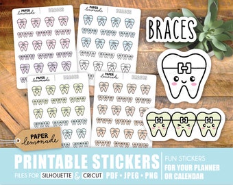 May include: Printable stickers featuring cute cartoon teeth with braces in various colors. The stickers are designed for planners and calendars. The text "BRACES" is featured in a bold, white font on a black background.