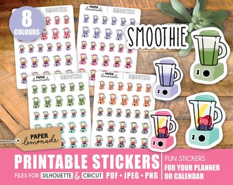 May include: Printable stickers featuring eight different colored blender illustrations. The stickers are designed for planners and calendars. The text "SMOOTHIE" is featured on the top of the image.