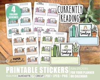 May include: Printable stickers featuring a bookshelf with books and plants, a rainbow, and the text "Currently Reading". The stickers are available in four color schemes and are perfect for planners and calendars.