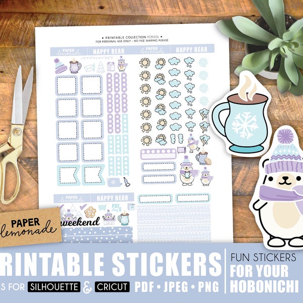 Hobonichi happy bear weekly kit winter Printable bear holding cookie hot chocolate weekly stickers pastel bear stickers printable  hobo kit