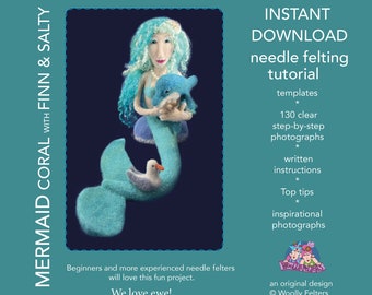 Mermaid pattern,  needle felted dolphin, needle felted seagull