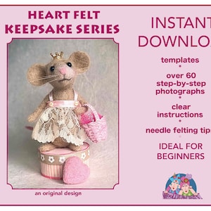 Może przedstawiać: Wzór do filcowania igłą dla myszy księżniczki w różowej sukience i koronie. Wzór zawiera ponad 60 zdjęć krok po kroku i jasne instrukcje. Wzór jest idealny dla początkujących.