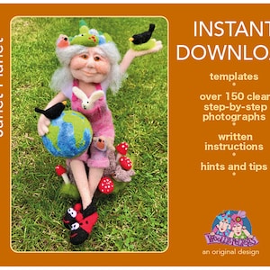 Könnte beinhalten: Ein Nadelfilz-Muster für eine skurrile Mutter Erde Figur, die einen Globus hält. Das Muster enthält über 150 Schritt-für-Schritt-Fotos, schriftliche Anweisungen und Tipps.  "Sofortiger Download" und "Woolpelters" sind auf dem Cover geschrieben.